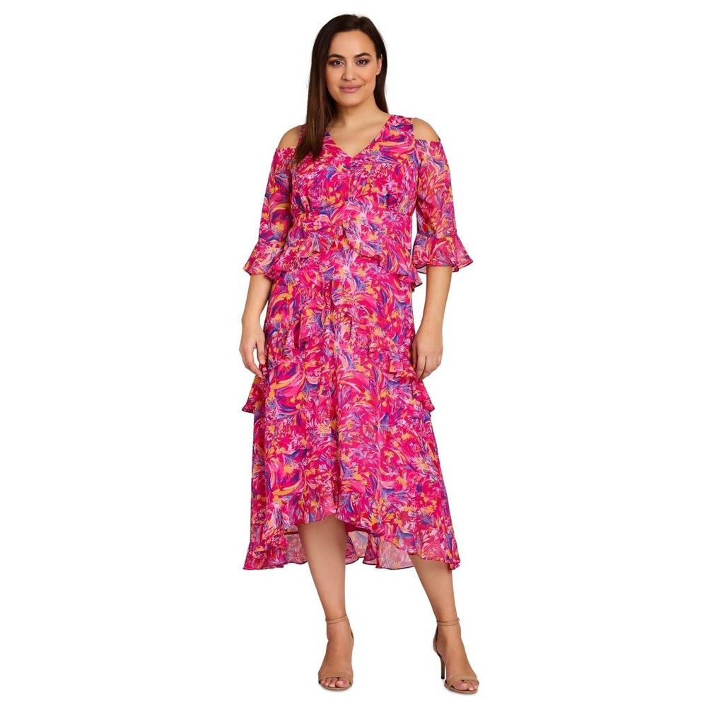 New $169 Tahari Pink Floral Cold-Shoulder Tiered Ruffled Maxi Dress Size 20W‎